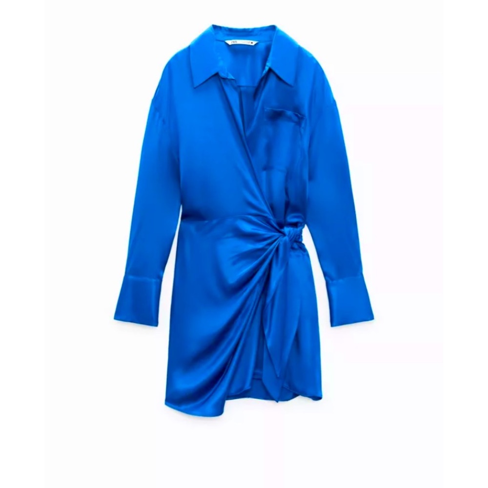 NWT Zara Blue Satin Wrap Dress Size XL